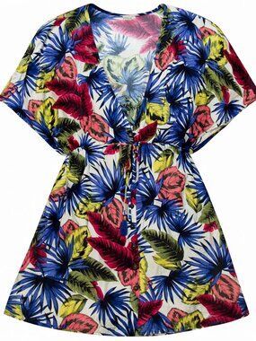 L*Space Tropical Hawaiian Floral Tunic Dress Elastic Waist Beach Cover Up